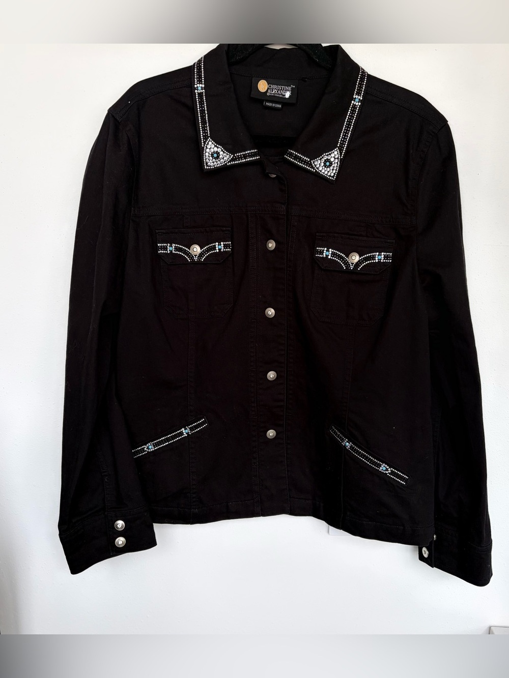 Christine Alexander Black Denim Stretch Jacket Swarovski Crystals Large Back Too